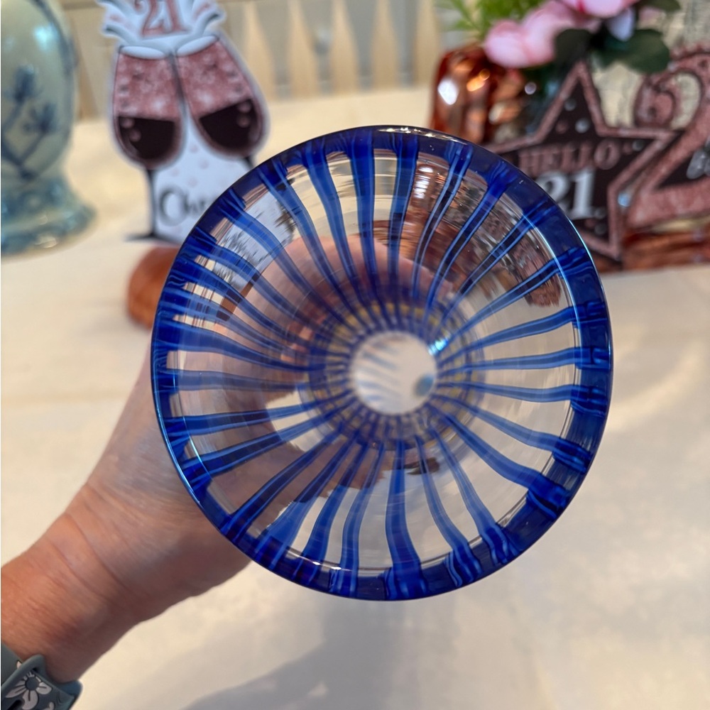 Striped Hand-Blown Glass Vase Blue, White & Yellow - Picture 3 of 8
